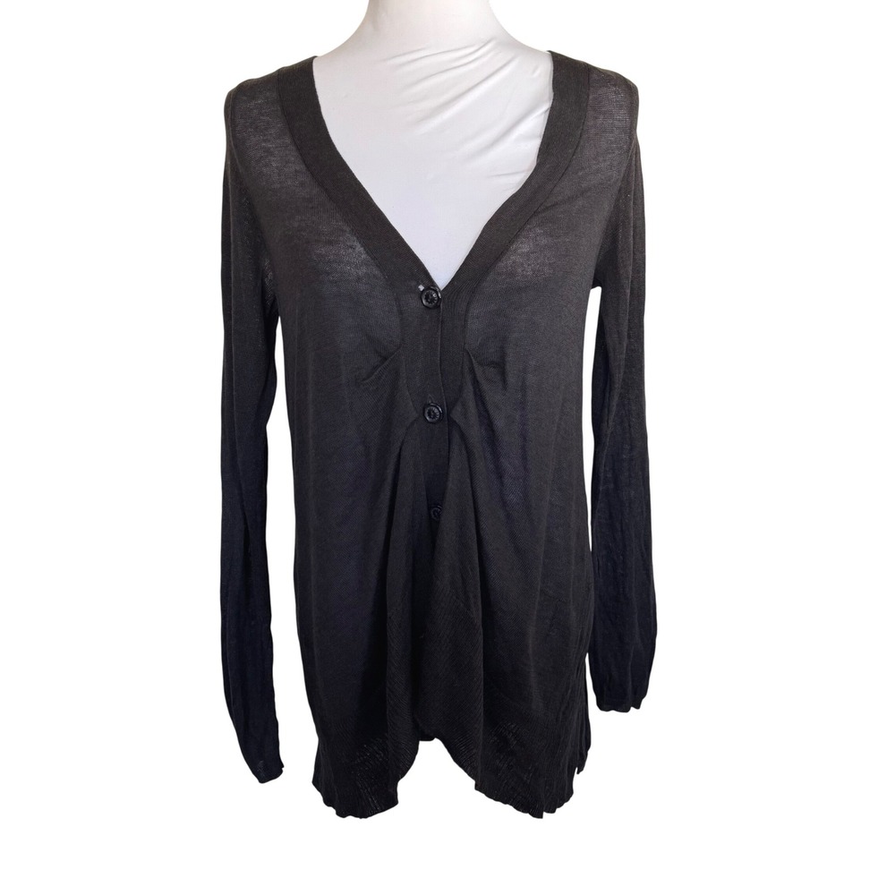 MOTH Women's Black Thin Knit Button Front Ruffle Duster Cardigan Sweater Medium